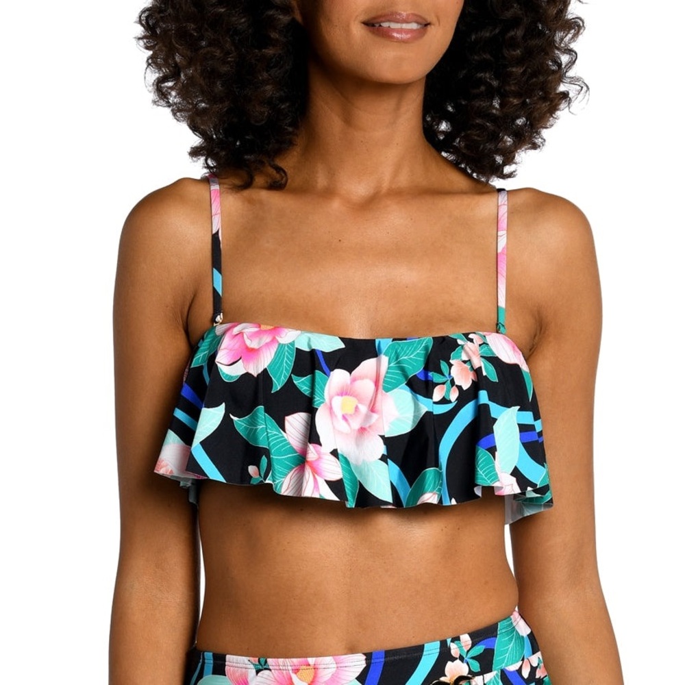 La Blanca Nightfall Blooms Bandeau Ruffle Bikini Top Nwot